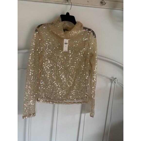 Anthropologie Women’s XS Sequin Sheer Gold Champagne Turtleneck Shirt Retail $98 - Picture 2 of 6